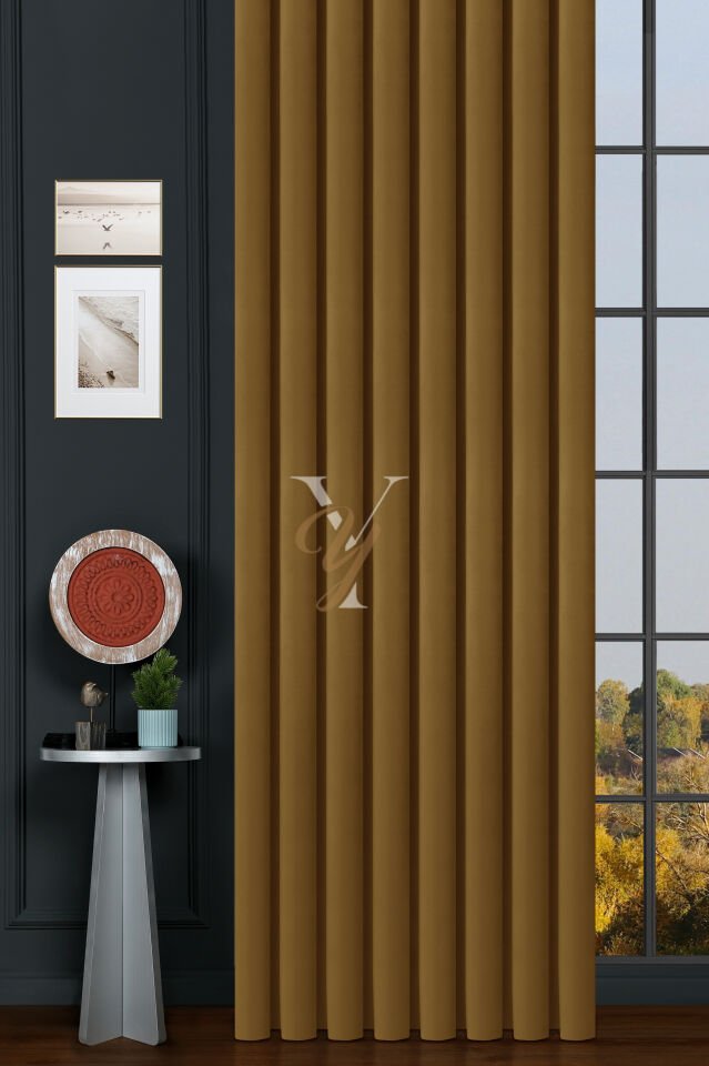 İpek Kadife Fon Perde V-27 Koyu Sarı