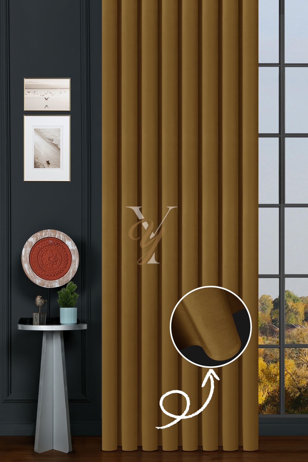 İpek Kadife Fon Perde V-27 Koyu Sarı