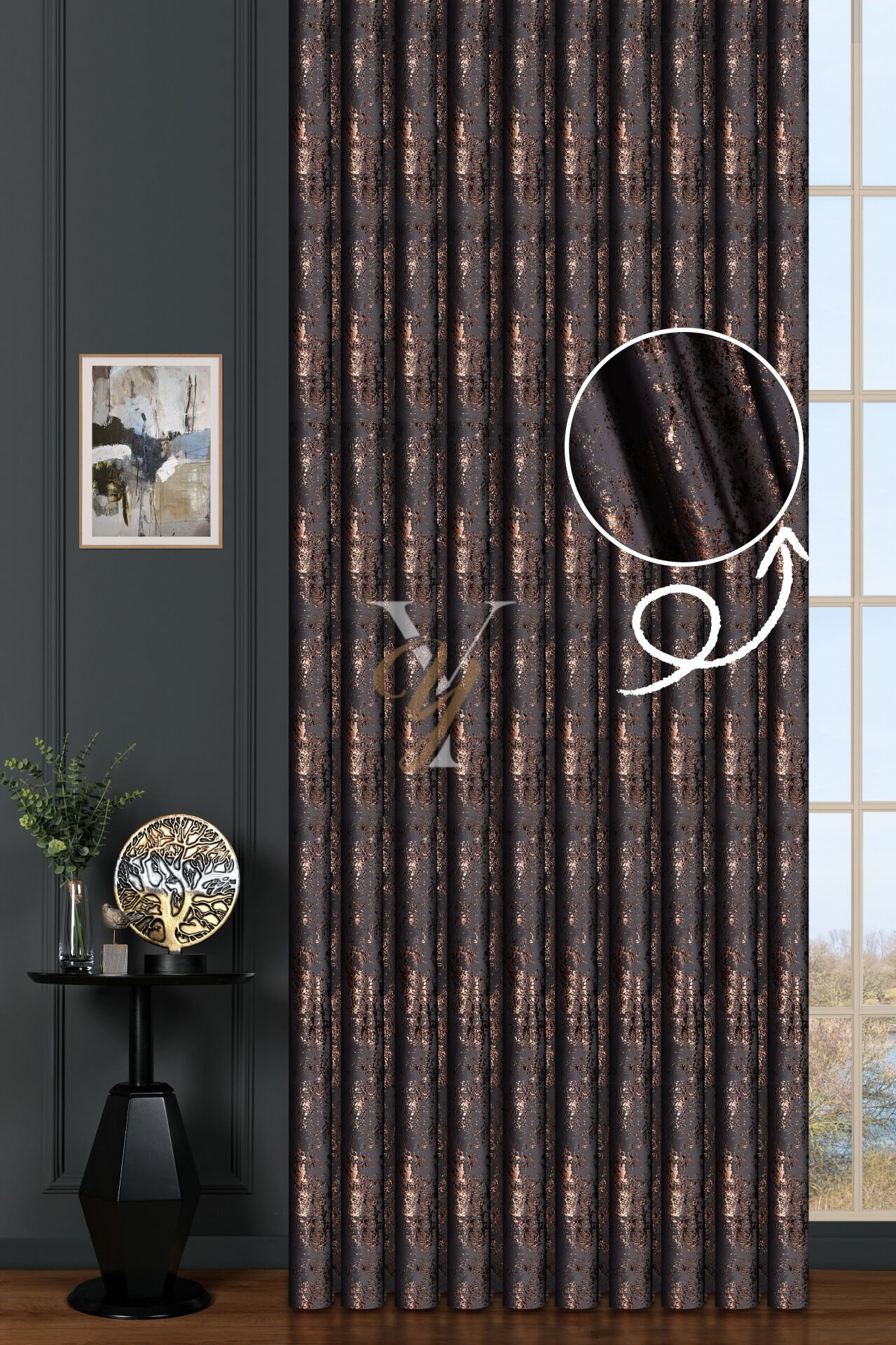 Varak Kadife Fon Perde V-511 Gri Bakır