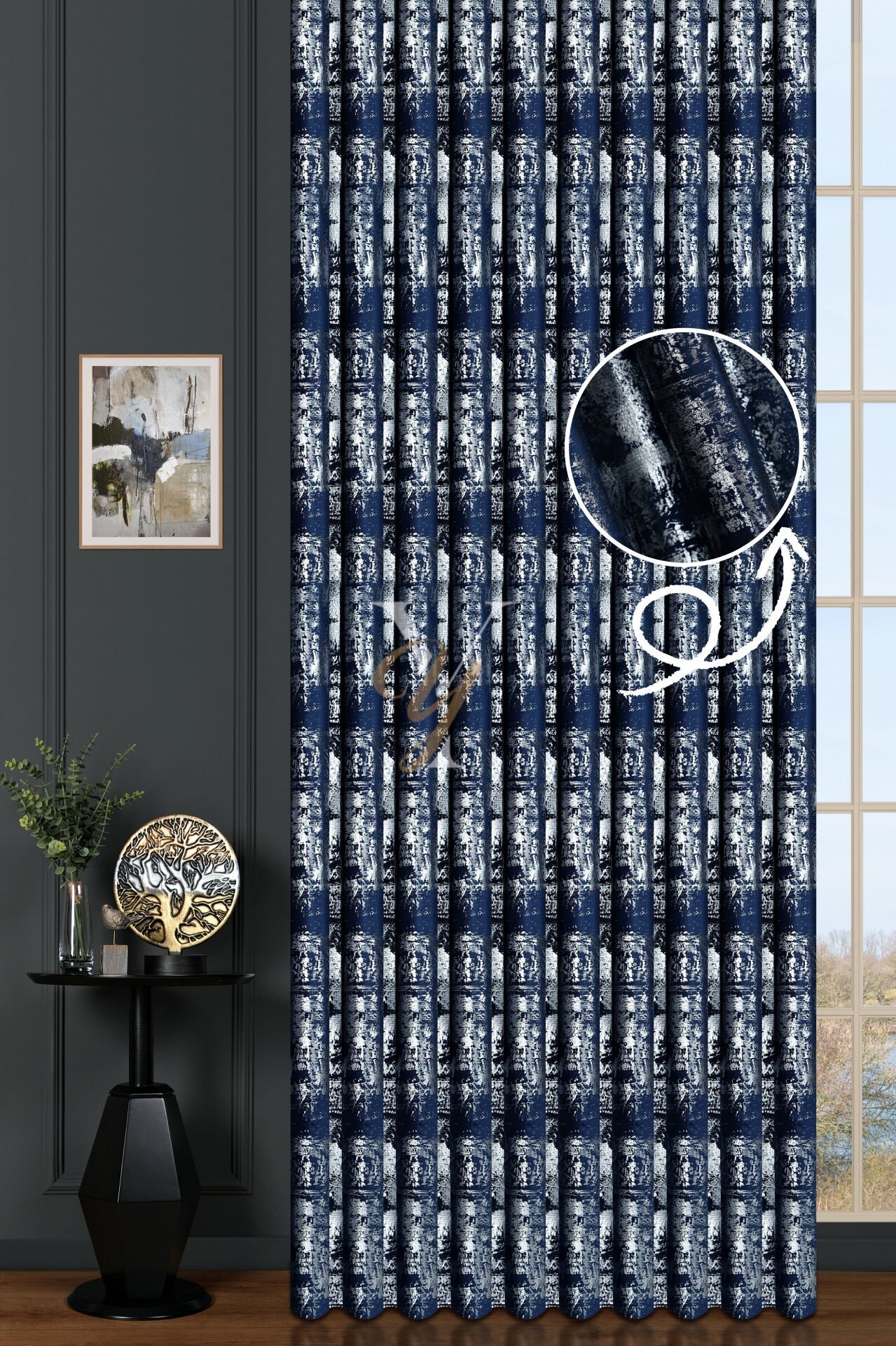 Varak Kadife Fon Perde V-517 Lacivert Gümüş