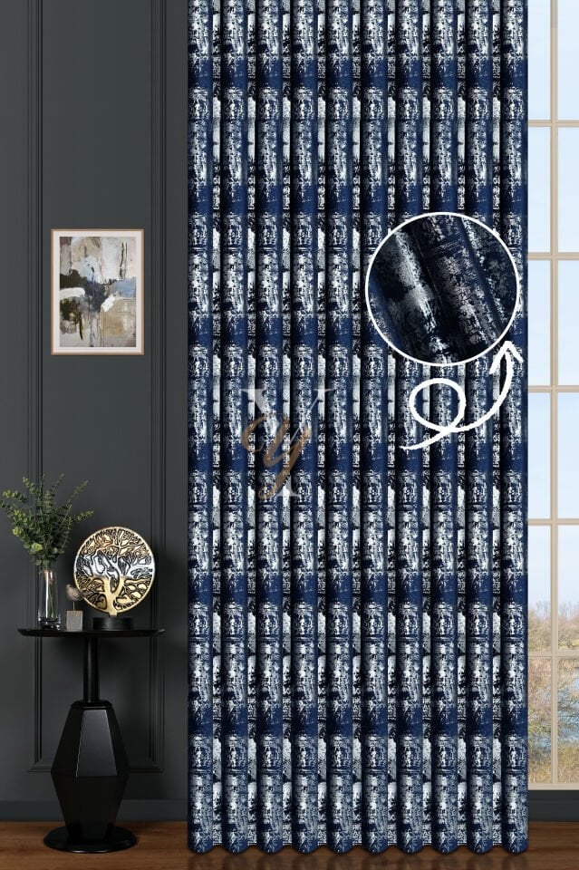 Varak Kadife Fon Perde V-517 Lacivert Gümüş