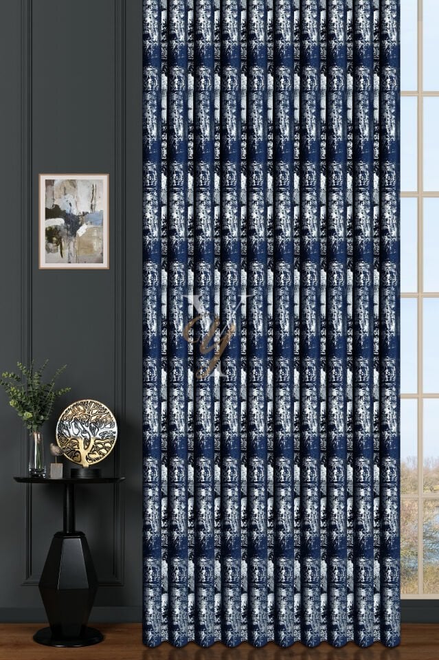 Varak Kadife Fon Perde V-517 Lacivert Gümüş