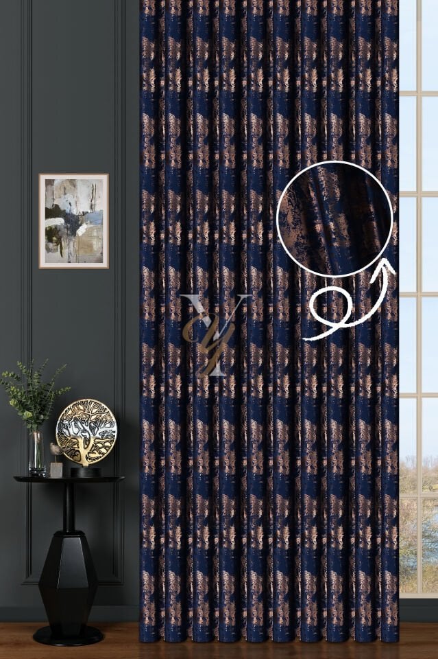 Varak Kadife Fon Perde V-517 Lacivert Bakır