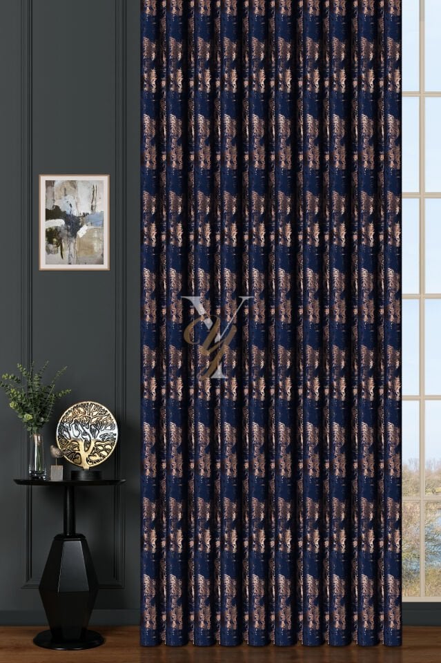 Varak Kadife Fon Perde V-517 Lacivert Bakır