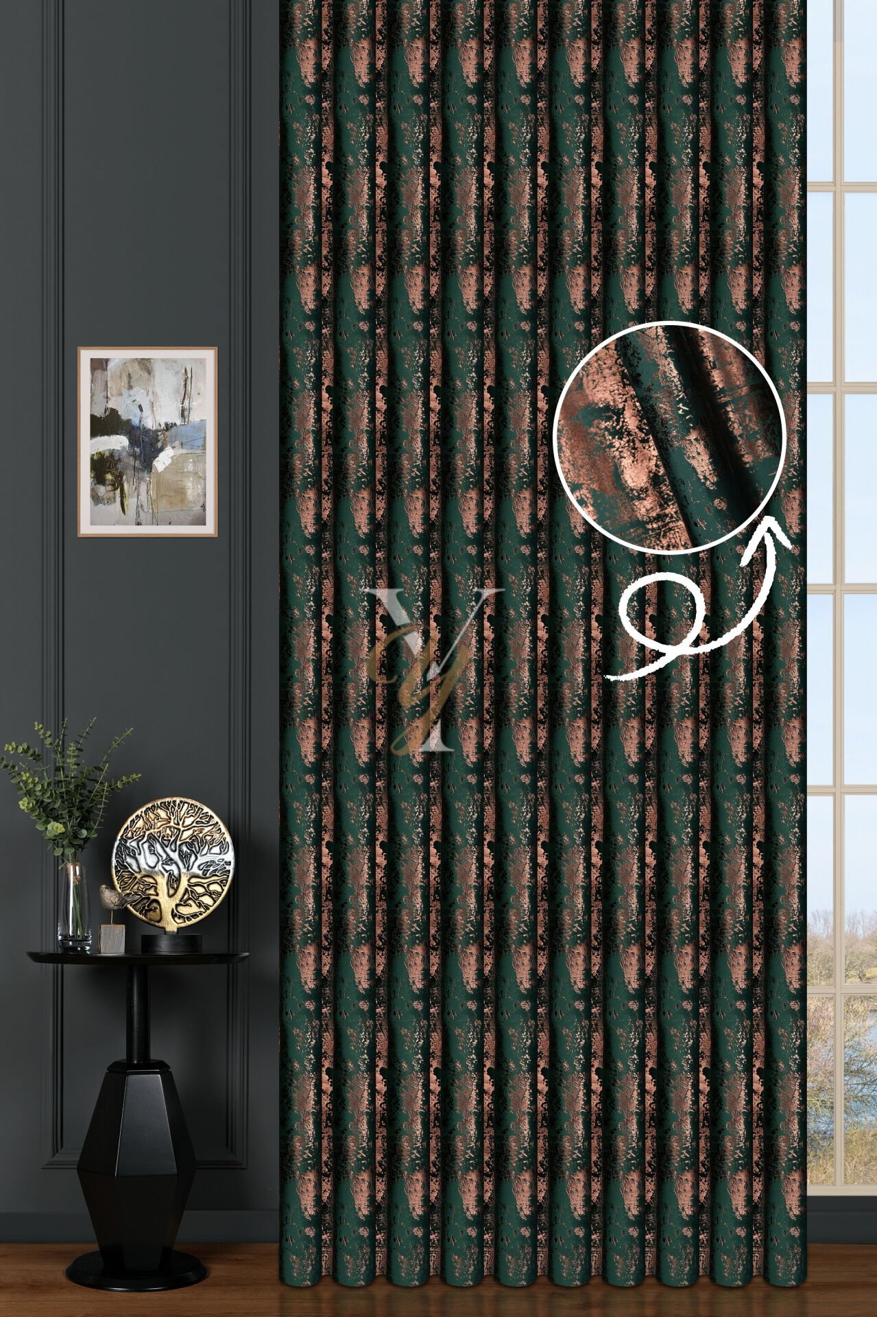 Varak Kadife Fon Perde V-522 Yeşil Bakır