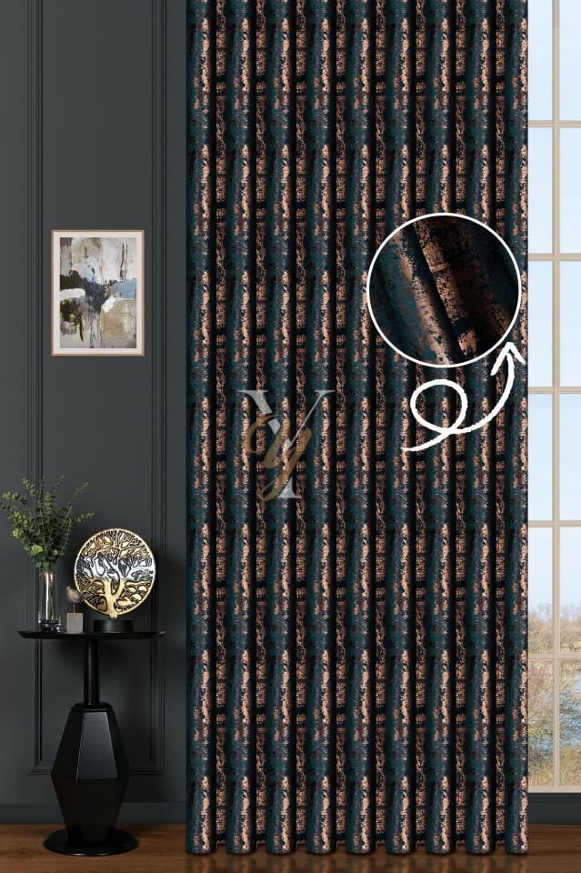 Varak Kadife Fon Perde V-513 Petrol Bakır