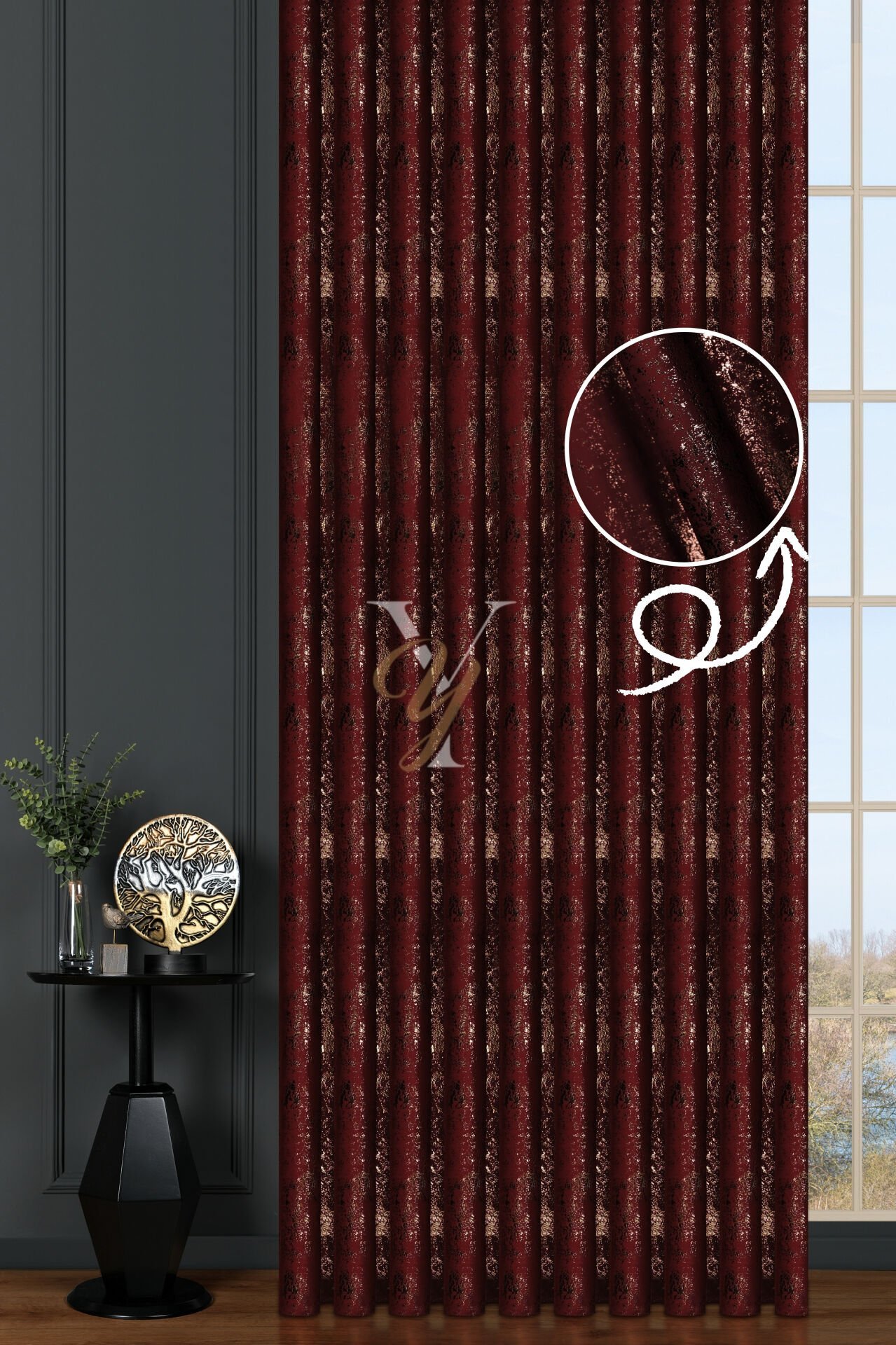 Varak Kadife Fon Perde V-530 Kırmızı Bakır