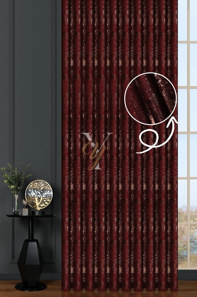 Varak Kadife Fon Perde V-530 Kırmızı Bakır