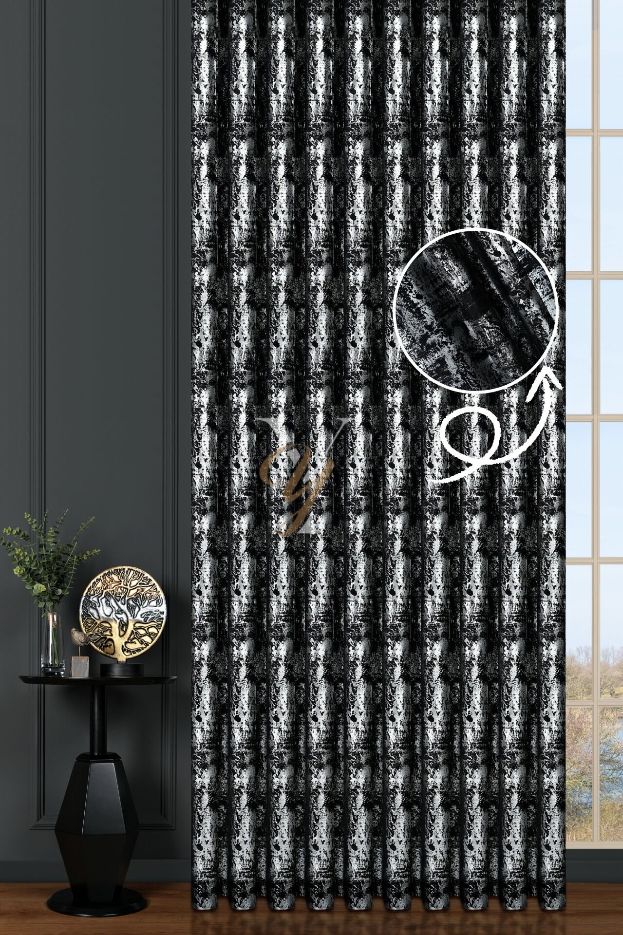 Varak Kadife Fon Perde V-532 Siyah Gümüş