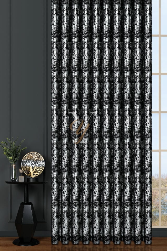 Varak Kadife Fon Perde V-532 Siyah Gümüş
