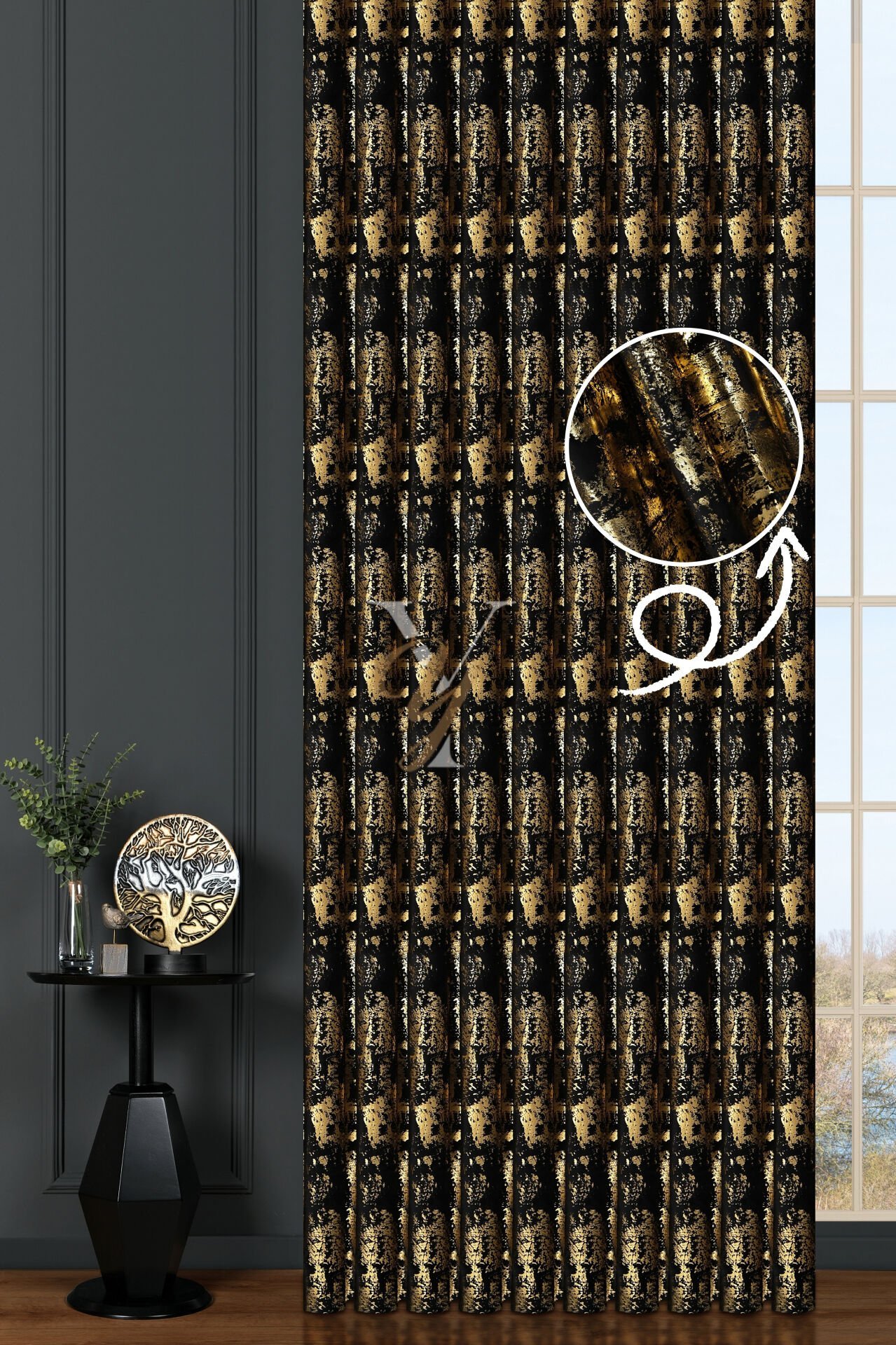 Varak Kadife Fon Perde V-532 Siyah Altın