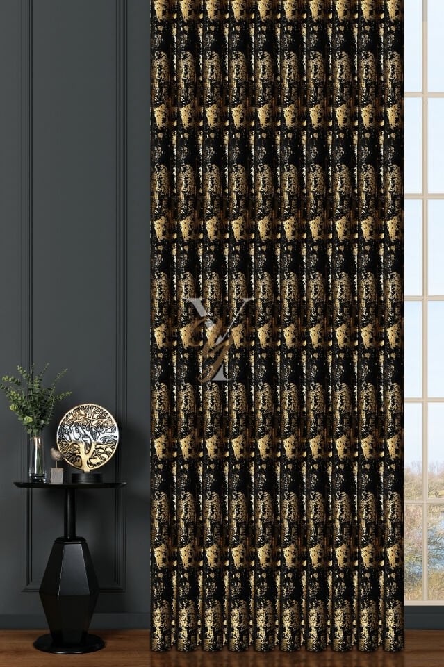 Varak Kadife Fon Perde V-532 Siyah Altın