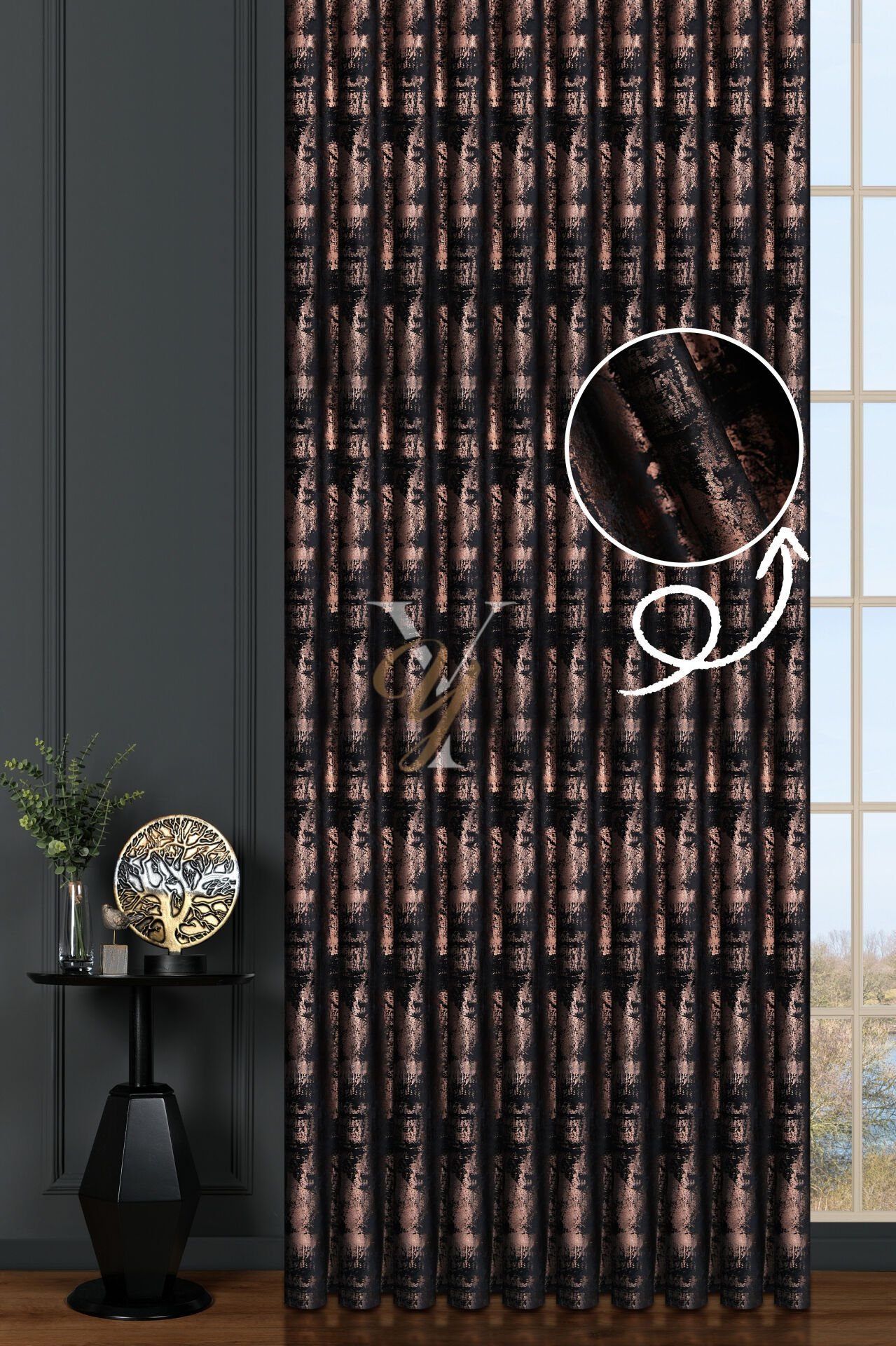 Varak Kadife Fon Perde V-532 Siyah Bakır