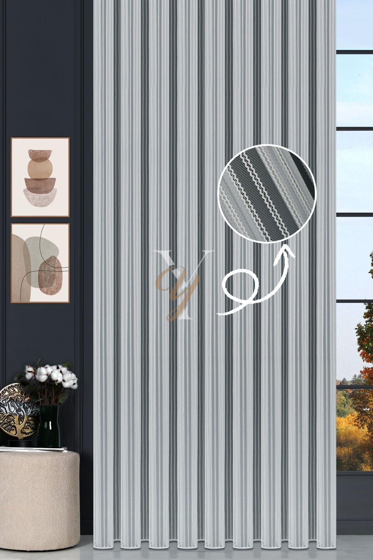 Simli Çift Makarna Tül Perde 2201 V-Altın