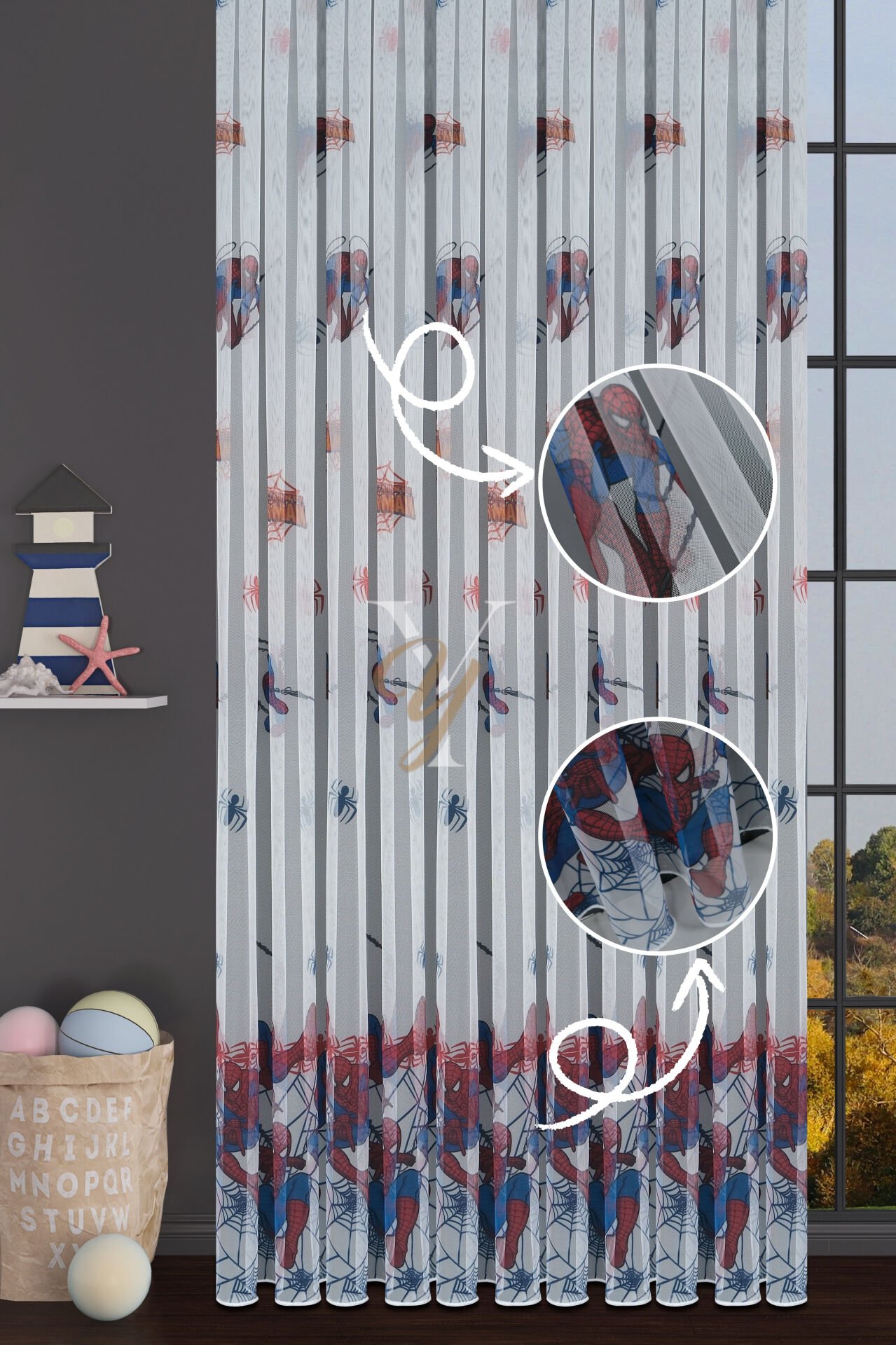 Baskılı Kurşunlu Grek Tül Perde Çocuk Örümcek