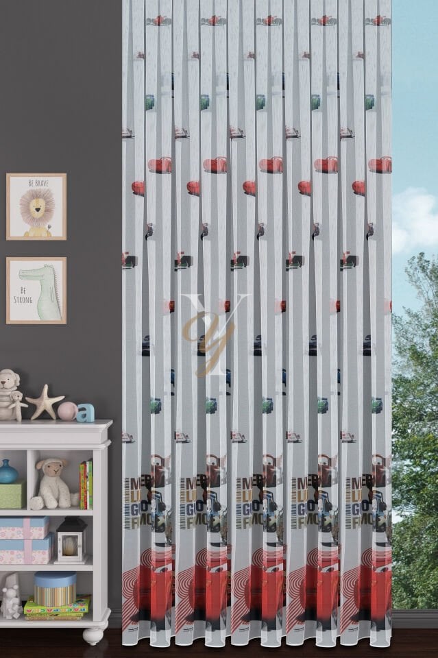 Baskılı Kurşunlu Grek Tül Perde Çocuk Araba