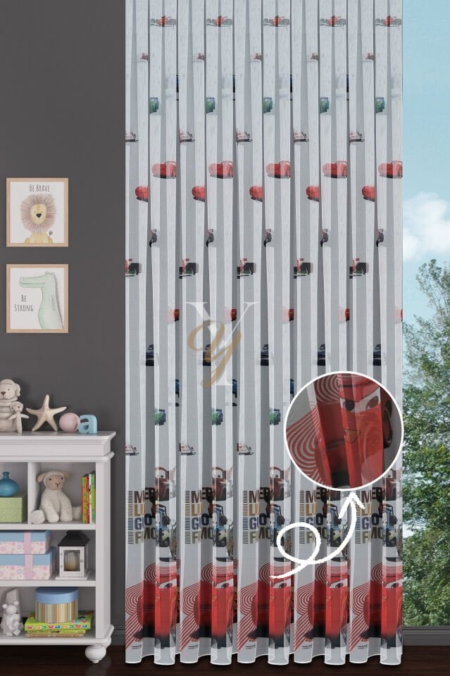 Baskılı Kurşunlu Grek Tül Perde Çocuk Araba