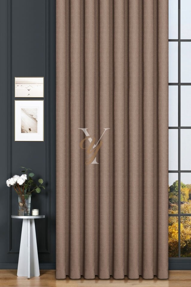 Keten Fon Perde V-4009 Açık Kahve