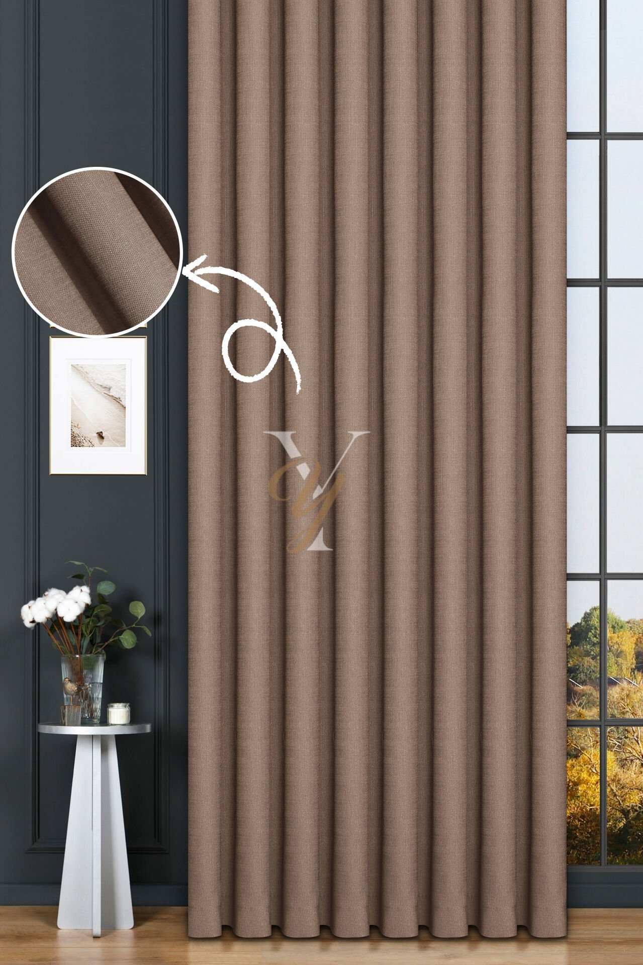 Keten Fon Perde V-4009 Açık Kahve