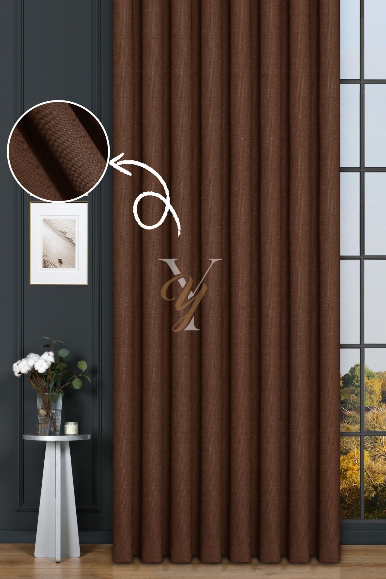 Keten Fon Perde V-4011 Kahve