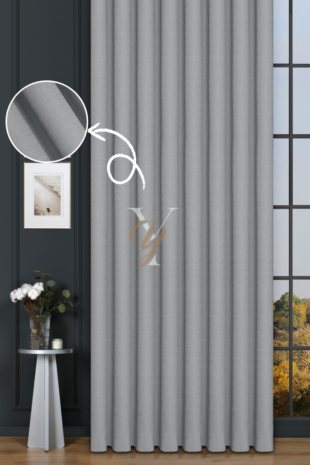 Keten Fon Perde V-4015 Gümüş Gri