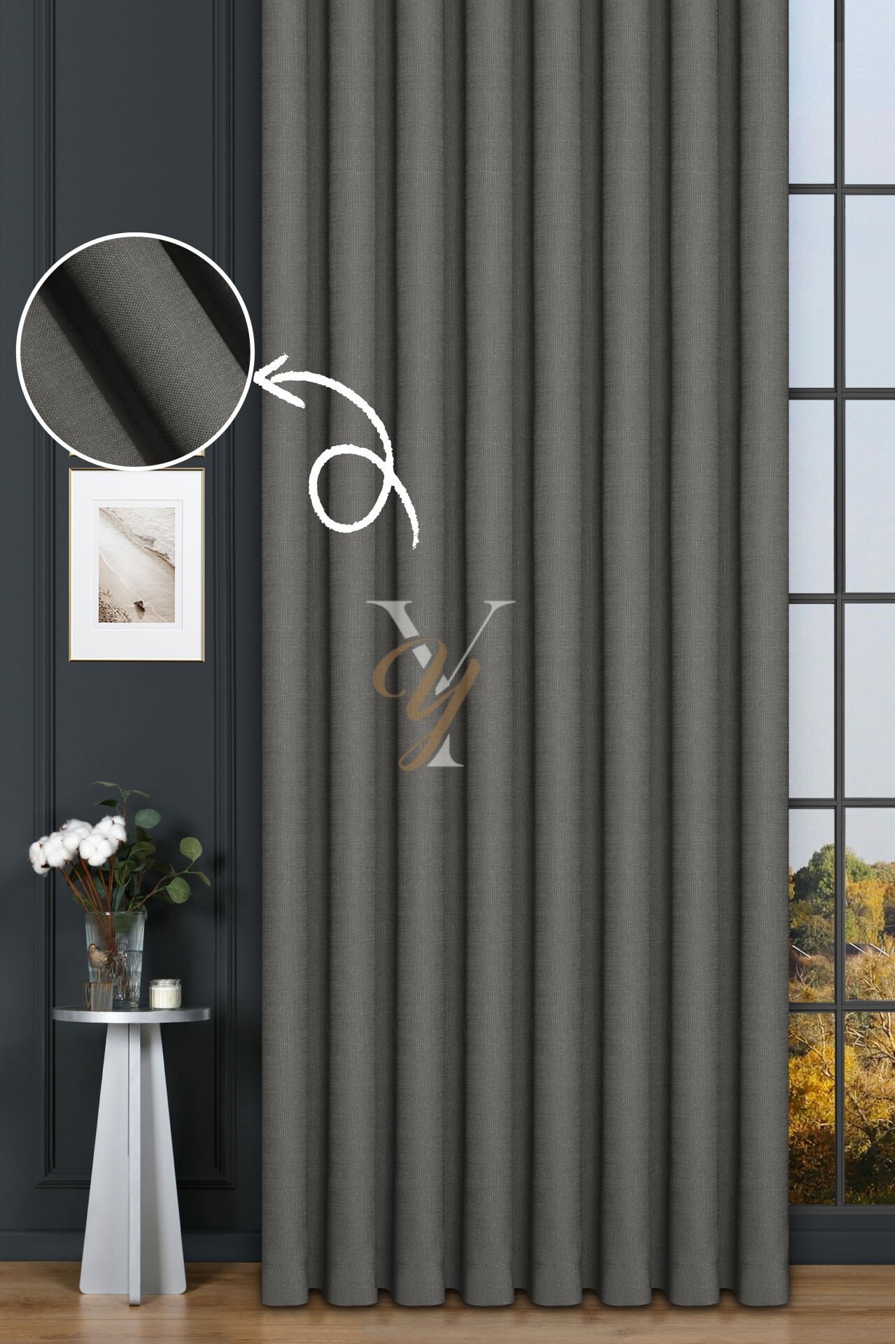 Keten Fon Perde V-4017 Koyu Gri