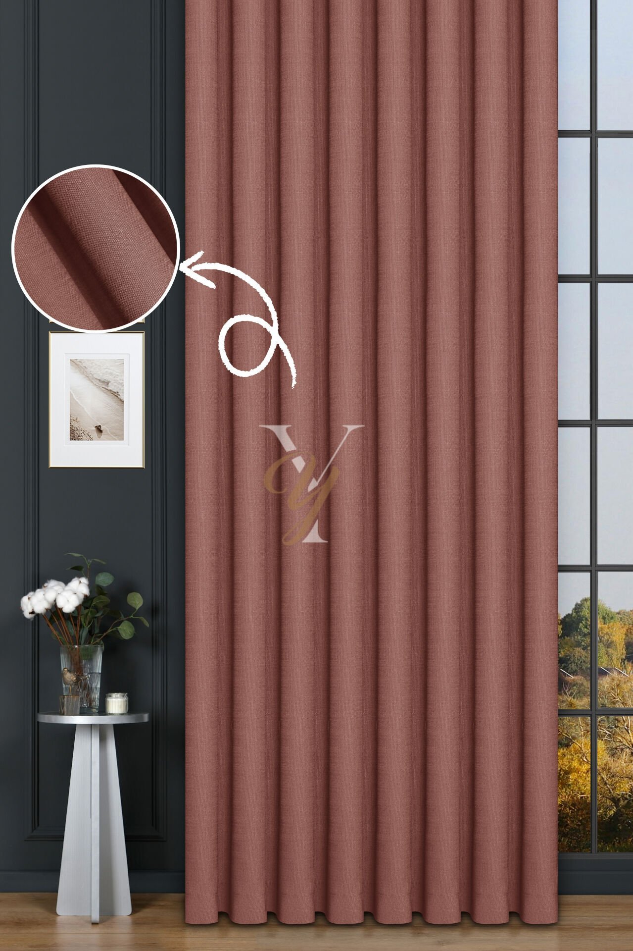 Keten Fon Perde V-4023 Nar Çiçeği