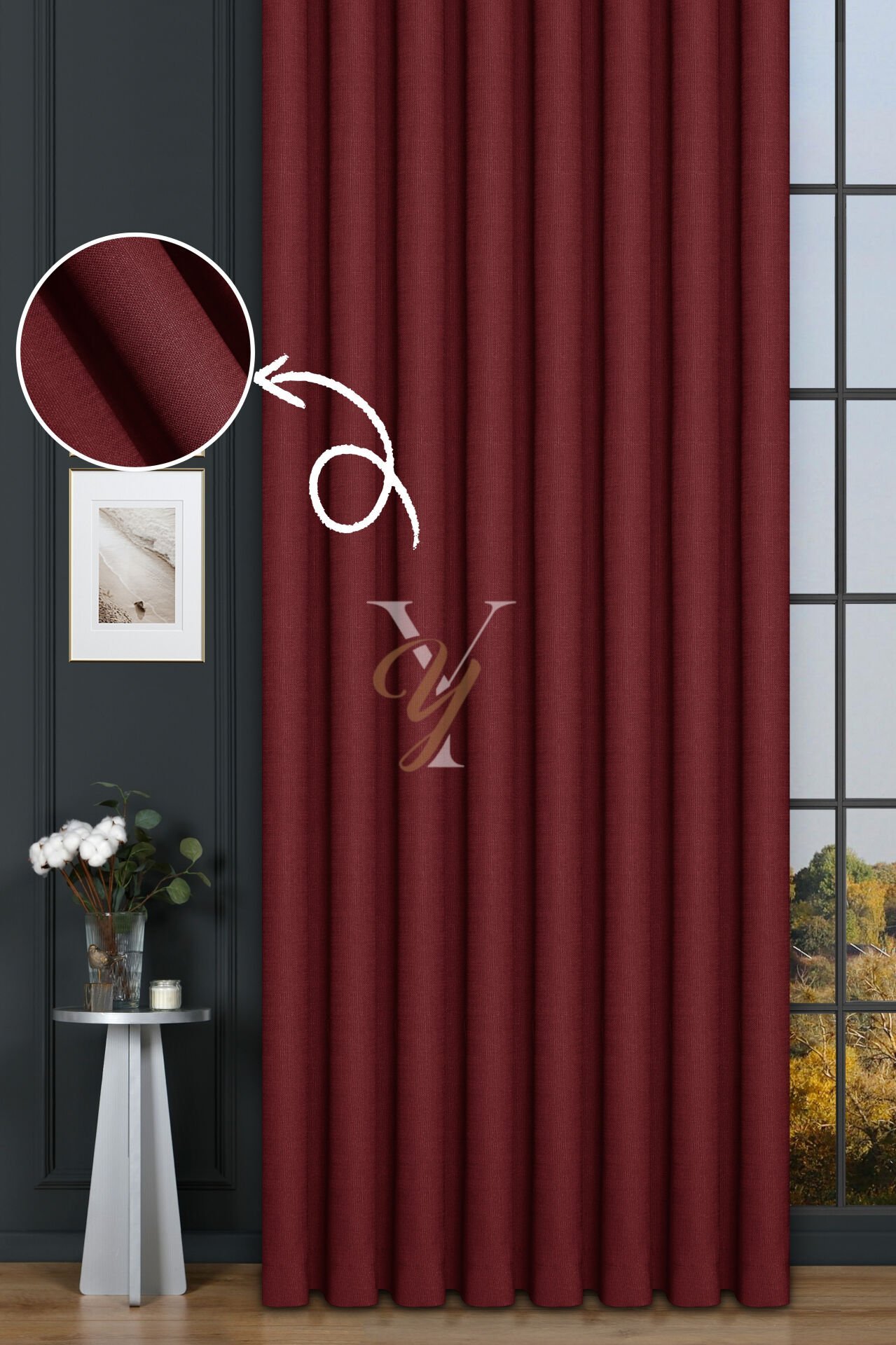 Keten Fon Perde V-4035 Kırmızı