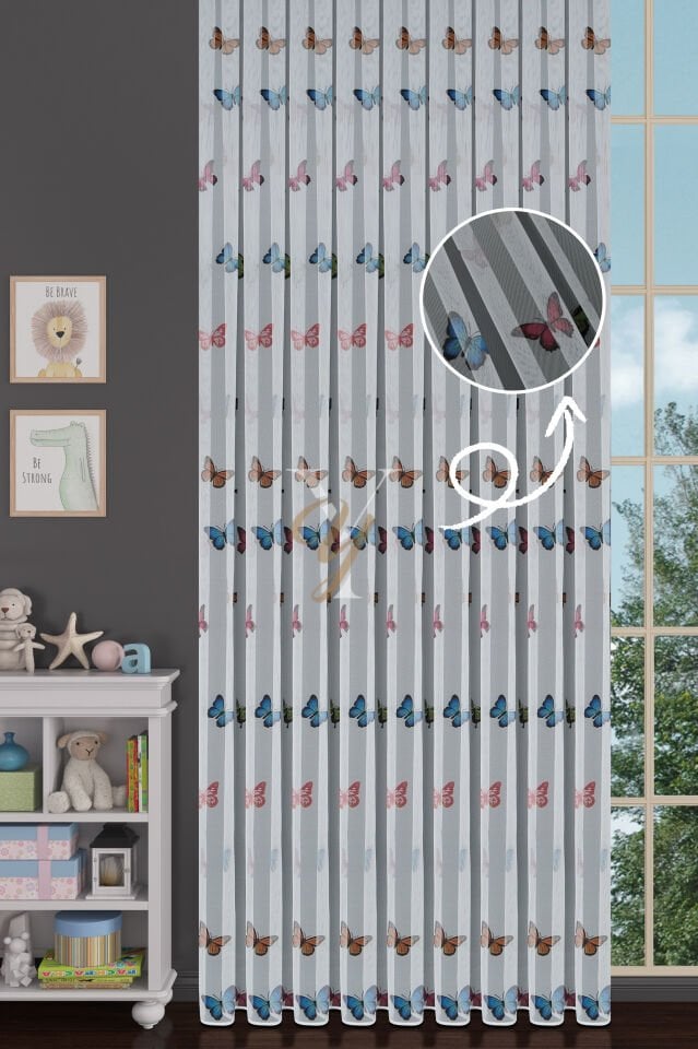 Baskılı Kurşunlu Grek Tül Perde Çocuk Kelebek