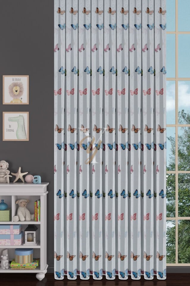 Baskılı Kurşunlu Grek Tül Perde Çocuk Kelebek