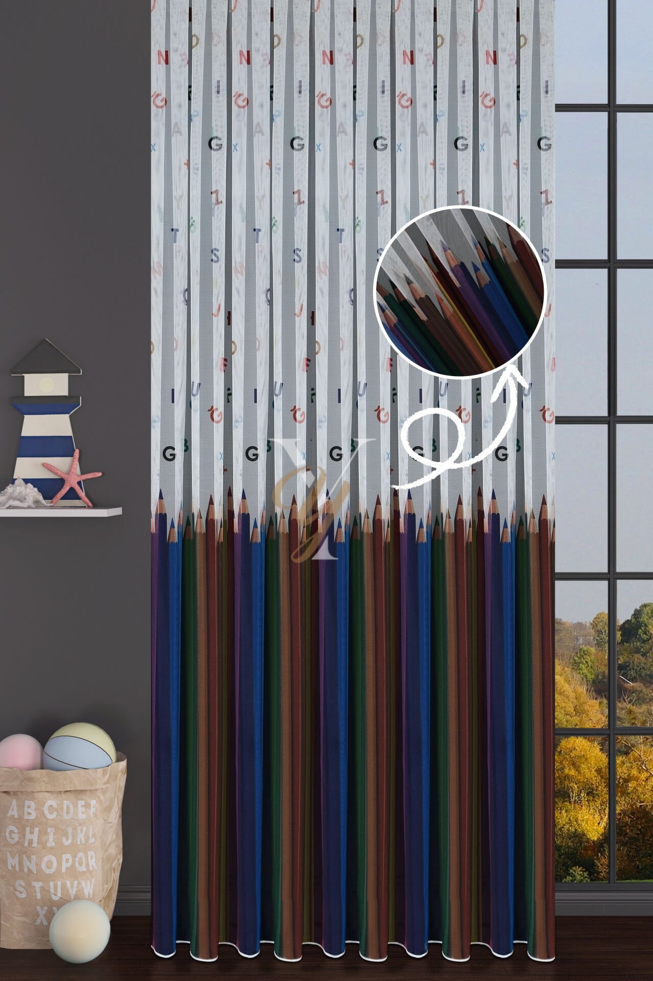 Baskılı Kurşunlu Grek Tül Perde Çocuk Kalem